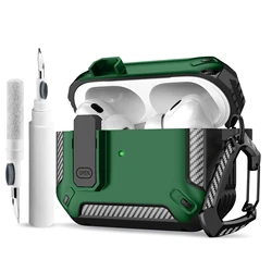 Portable Shockproof Carbon Fiber Airpod Case with Carabiner Clip and Security Lock for Airpods Pro (Green Kit)