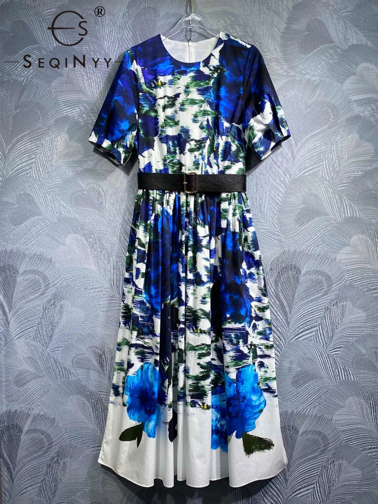 

Женское платье-миди с поясом SEQINYY, элегантное модельное винтажное платье из 100% хлопка с синим цветочным принтом, новинка весны-лета