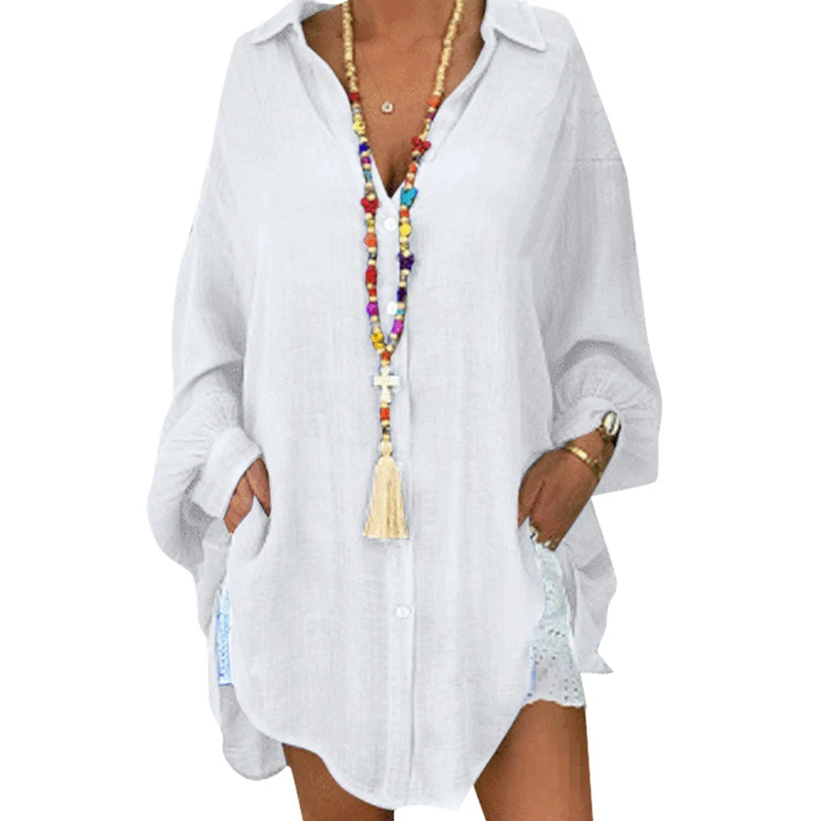 Women'S Solid Color Cotton Linen Button Up Long Sleeve Loose Casual Shirt Blouse Top Cardigan Outfits view 5