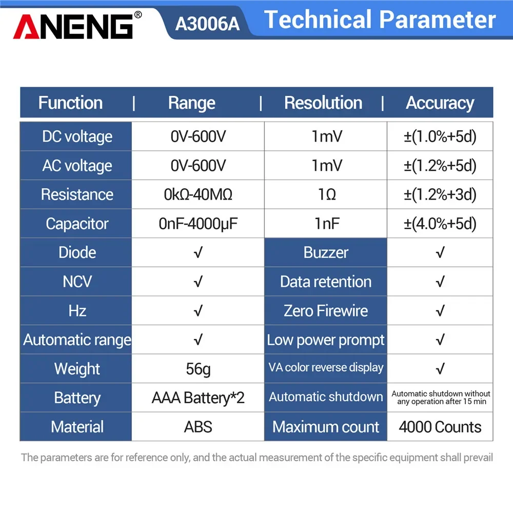ANENG A3006A Digital Multimeter Test Pen 4000Counts AC/DC Voltage Non-contact Inductive Electricity Hz Diode Resistance Tester