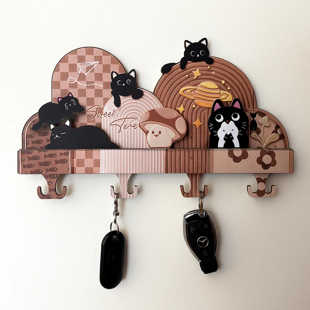حامل مفاتيح مثبت على الحائط على شكل قطة لا يتطلب اللكم، خطافات مدخل أصلية، رف تخزين للمدخل العملي، شرفة