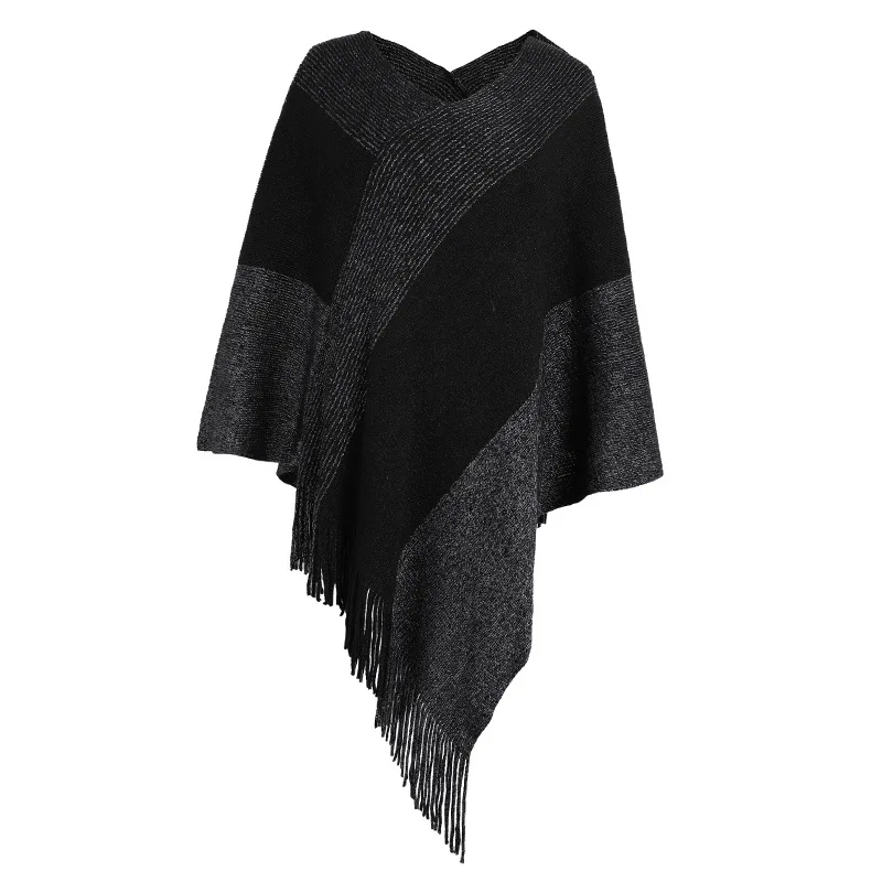 Autumn Winter New Women Color Contrast Cloak Shawl Sweater Coat Fa4shion Street Tourism Poncho Lady Capes Black Cloaks autumn winter new style color contrast striped national style tassel pullover cloak poncho lady capes gray cloaks