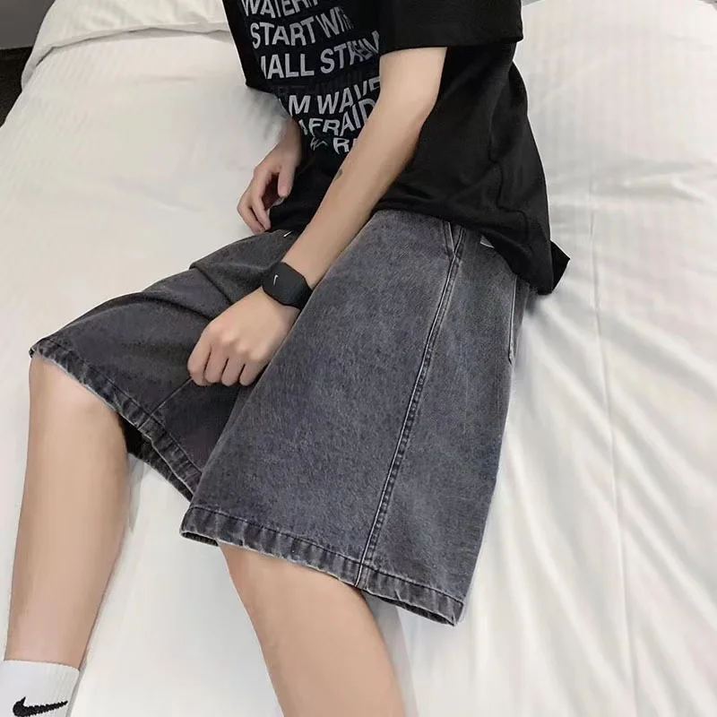 2025 new Fashion Streetwear Men's Denim Shorts Summer Loose Vintage Harajuku Splicing Hip-hop Cargo Moto Short Jeans Black Blue 1