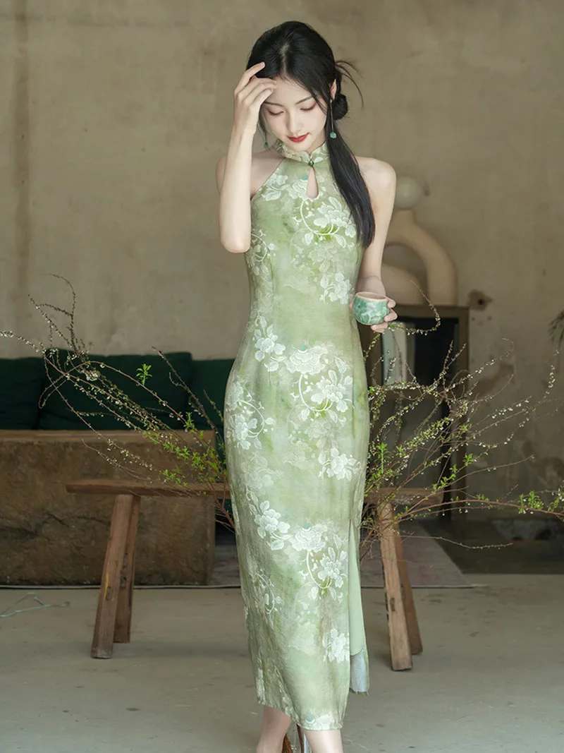 

New Chinese Style Green Cheongsam Vintage Qipao Women Floral Summer Halter Dress Slim Sleeveless Party Costume S To 2XL