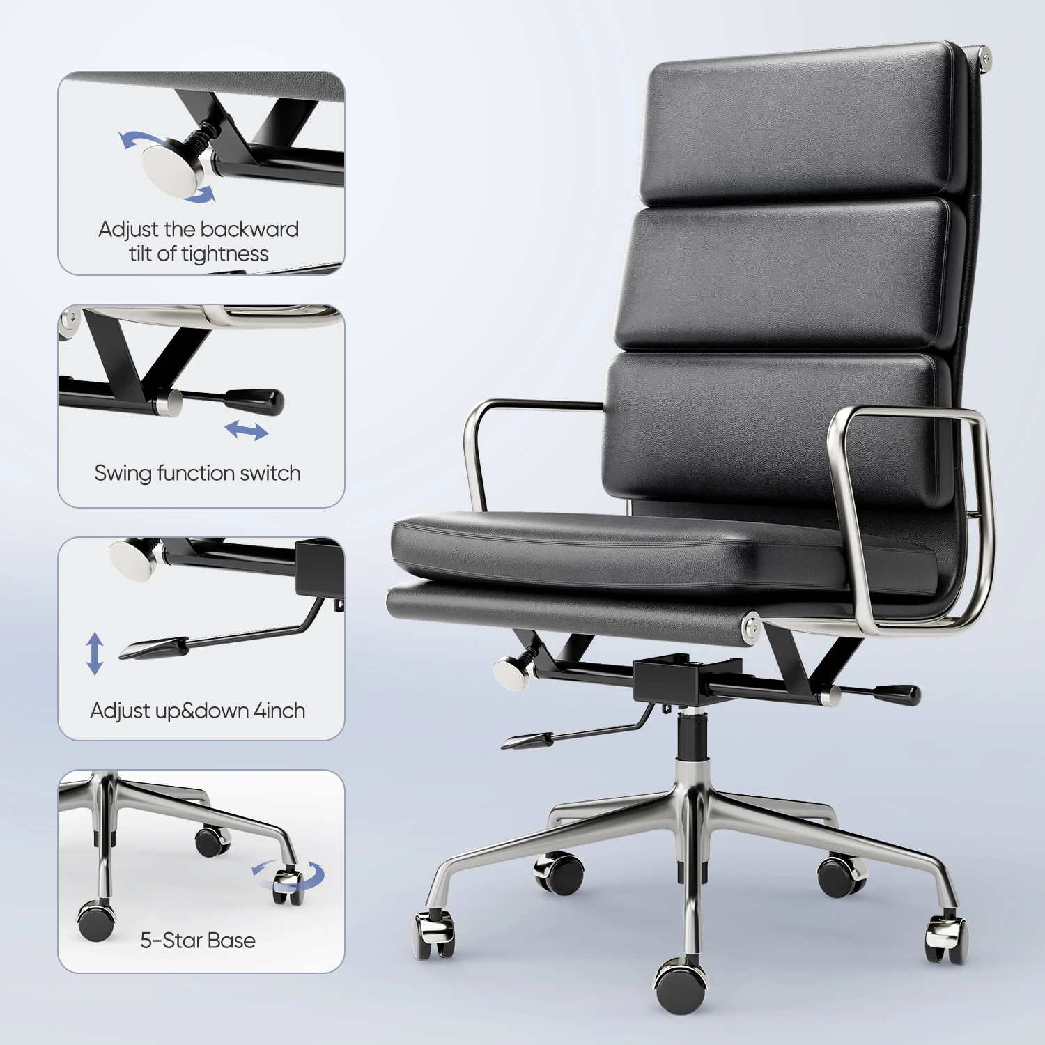 Modern Soft Pad Office Chair Genuine Leather Executive Desk with Lumbar Support Ergonomic Computer Chair with Aluminum Arms 3
