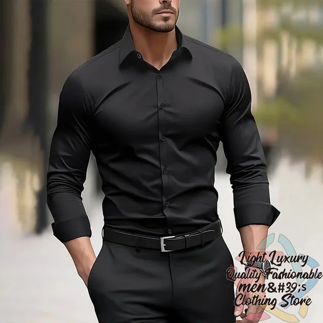 19-color men's shirt formal solid color wedding outdoor black navy blue dark green business long-sleeved top clothing XS-6XL 1