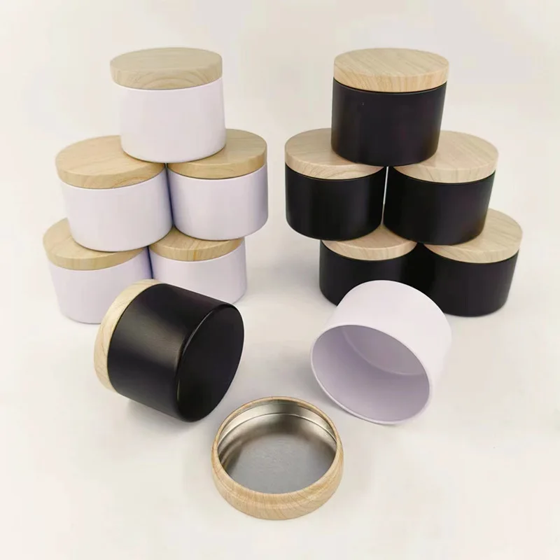 120pcs 4oz 8oz Round Tin Cans for Candles Black/White Crafts Candle Packaging Tin Cans With Wood Grain Lids In Bulk Metal Candle 2