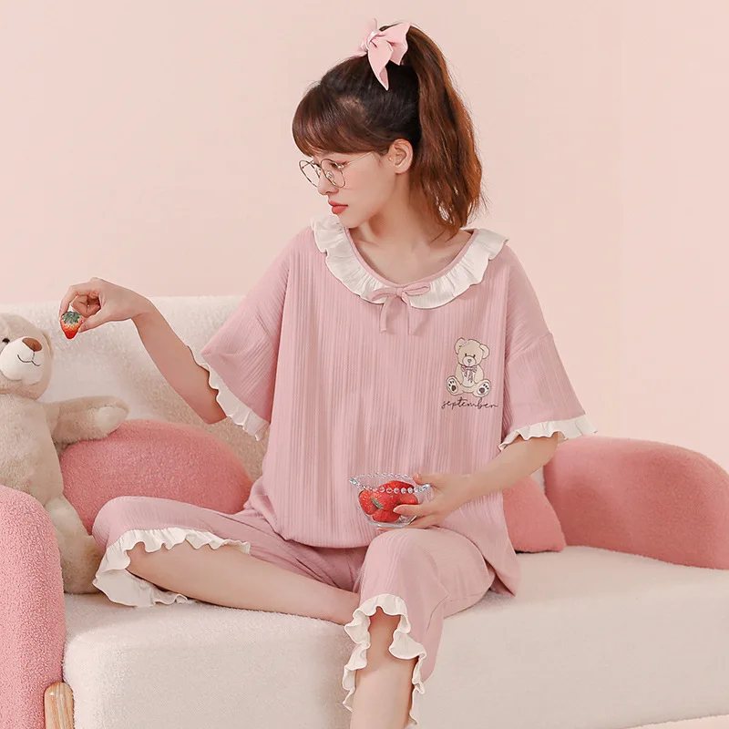 New Arrivals Cotton Short Sleeve Summer Short Sleeved Women Pajamas Set Pyjamas Women Sleepwear Cute Crew Neck Suit homewear