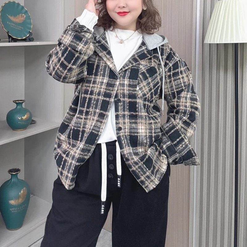 Plus Size Women's Brushed Plaid Hooded Jacket Retro Loose-Fit Spring/Autumn Casual Shirt Oversized Chic Outerwear