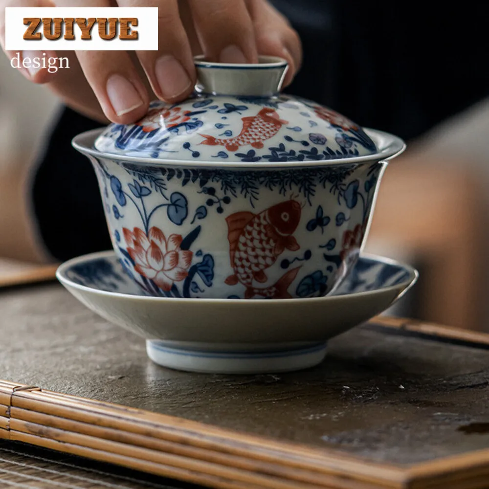 180ml Jingdezhen Blue and White Gaiwan Retro Fish Lotus Traditional Tea Tureen Tea Maker Cover Bowl Chinese Set Ornaments