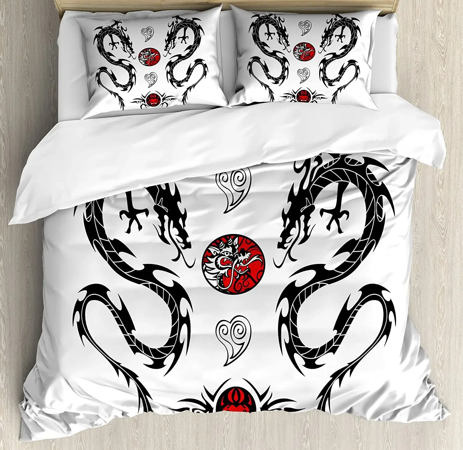 

Japanese Dragon Bedding Set Comforter Duvet Cover Pillow Shams Tribal Tattoo Style Asian Indigenous Bedding Cover Double Bed Set