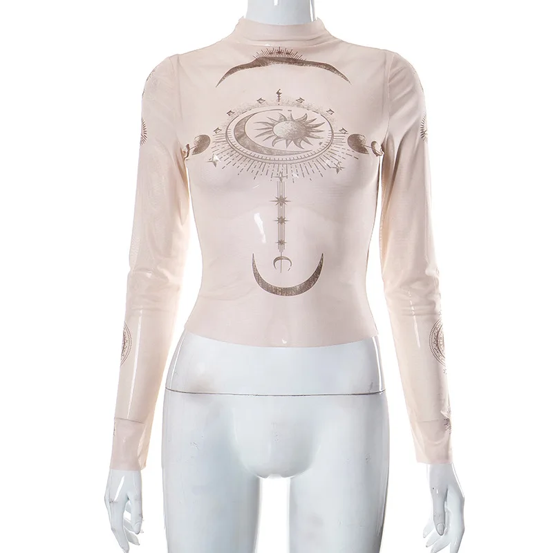 Long Sleeve Mesh Women T Shirt Streetwear Printing Y2k Accessories See Through Vintage Clothes Sexy Fashion Hot Ropa Mujer