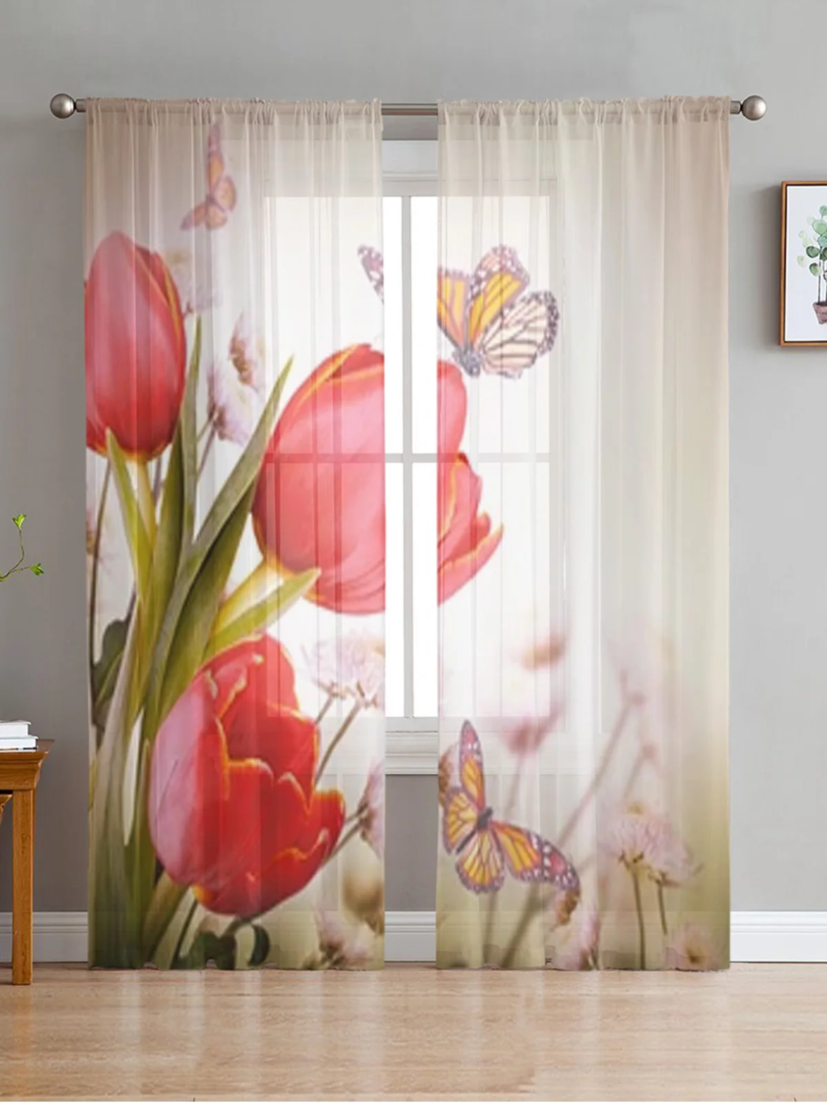 

Bouquet Of Red Tulips And Butterfly Sheer Curtains Bedroom Voile Curtain Living Room Window Sheer Curtains Kitchen Tulle Drapes