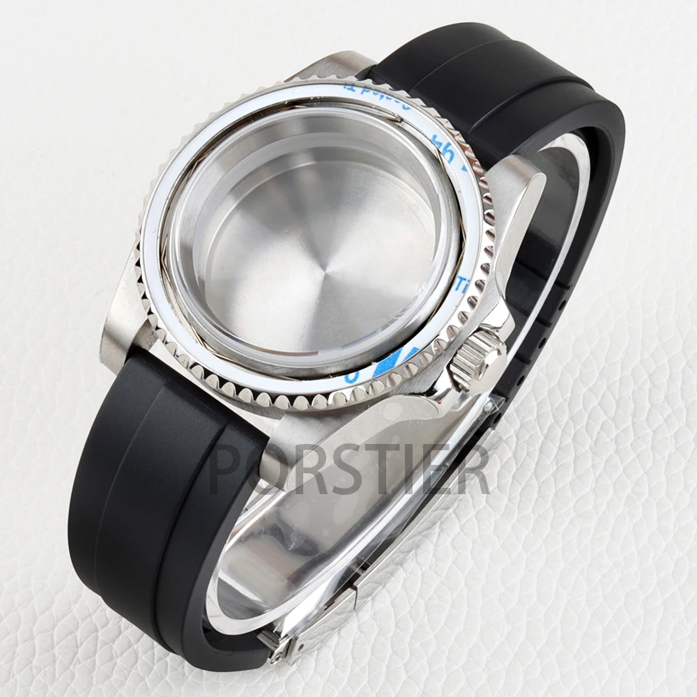 Stainless Steel 40mm Yacht Watch Case with Sapphire Glass & Rubber Strap - 100m Waterproof