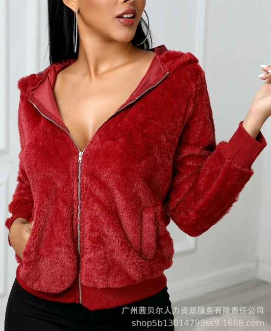 

Winter Women Hooded Coat Plush Faux Fur Solid Color Pocket Zippered Design Casual Long Sleeve Coat Female Outerwear Fashion Tops