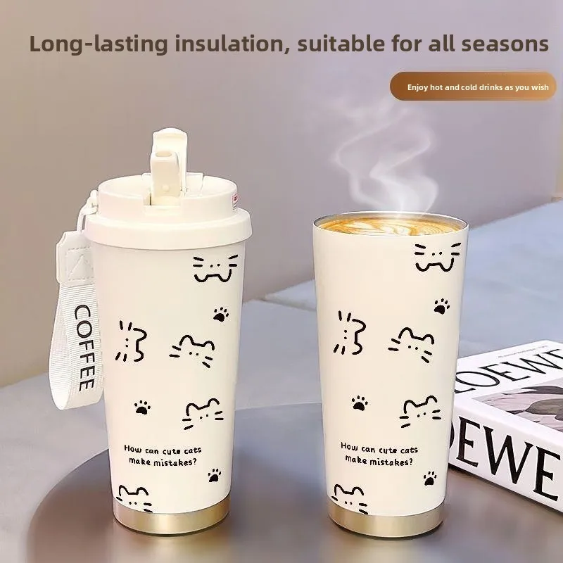 Cute  Design Large Capaci Double-Sided St Thermos Coffee Cup High Aesthetic Value Portable Sports Water Bottle for Women