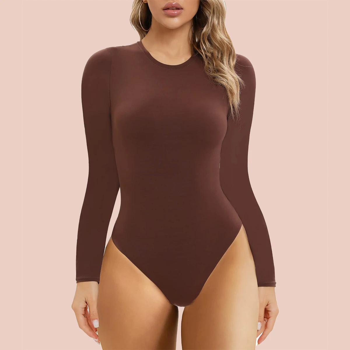 AROHA Body-Hugging Bodysuit for Women Long/Short Sleeve High Stretch Leotard Top Thong Crew Neck  Solid Color Slimming Catsuits