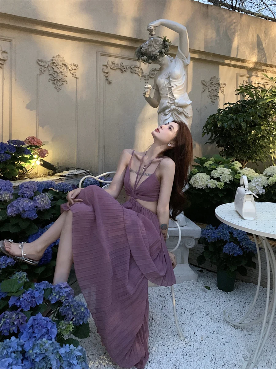 Summer New Fashion Sexy Pleated Holiday Beach Long Dresses for Women Vacation Spaghetti Strap A line Ladies Robe 2025 Sundress