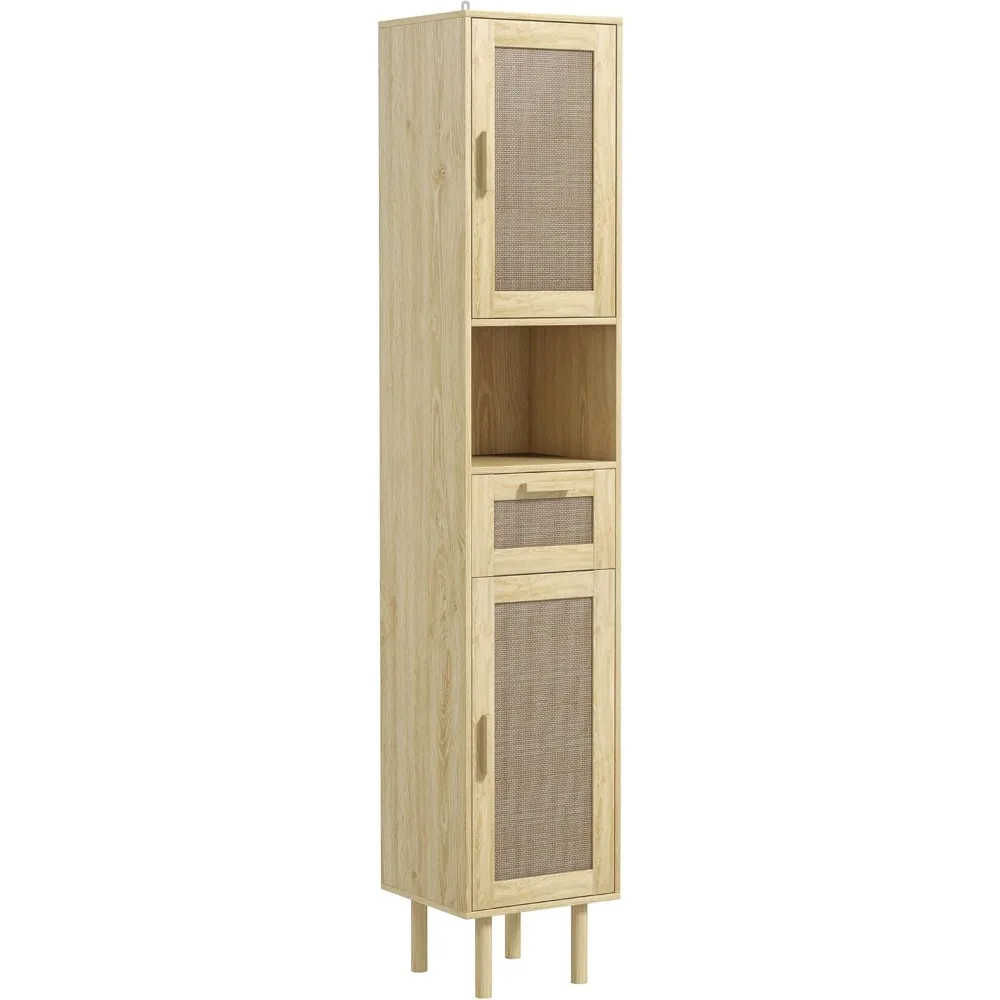 Tall Bathroom Storage Cabinet with Wicker Doors & Open Shelves 1