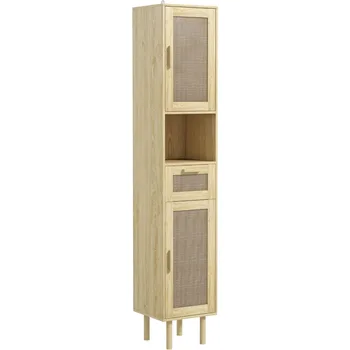 Tall Bathroom Storage Cabinet with Wicker Doors & Open Shelves 1