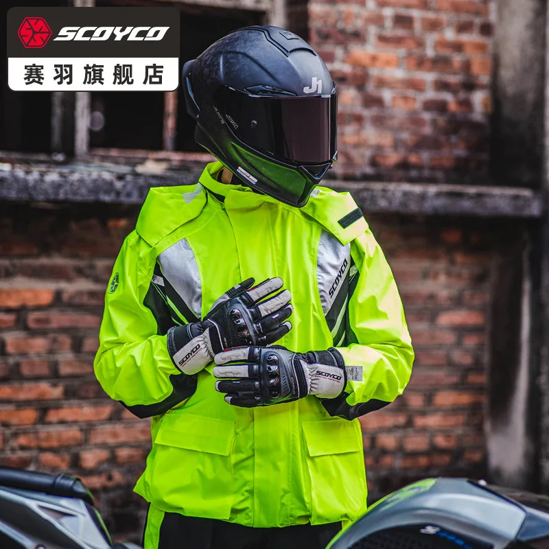 SCOYCO Motorcycle Split Raincoat Set Rainstorm Prevention Motorcycle Jacket Men Reflective Breathable Motocross Riding Raincoat