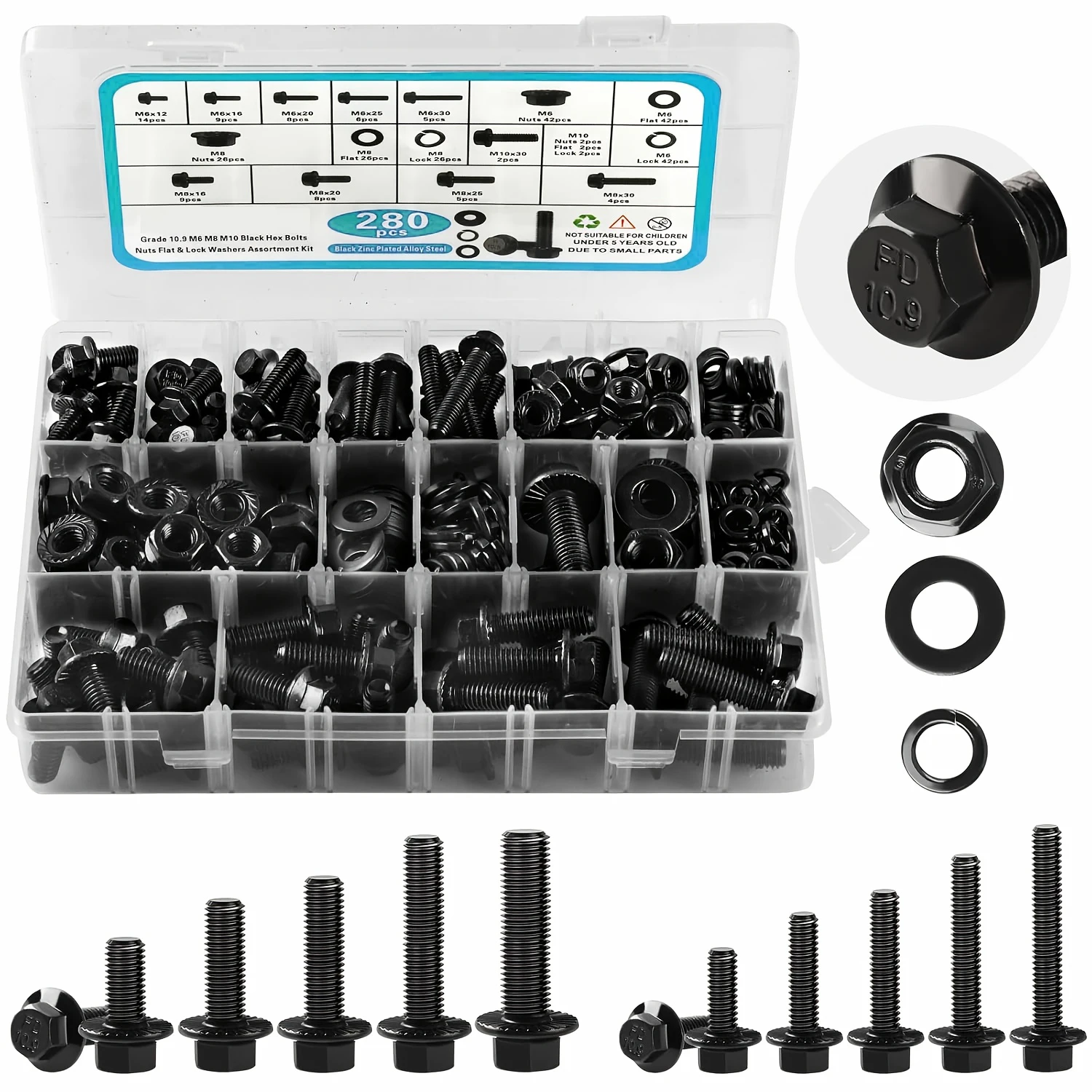 280Pcs Metric Flange Bolt Assortment M6x1.0 M8x1.25 M10x1.5 (12mm to 30mm) Assorted Hex Bolts and Nuts Washers Kit screw bolt nut set screw washer nut kit
