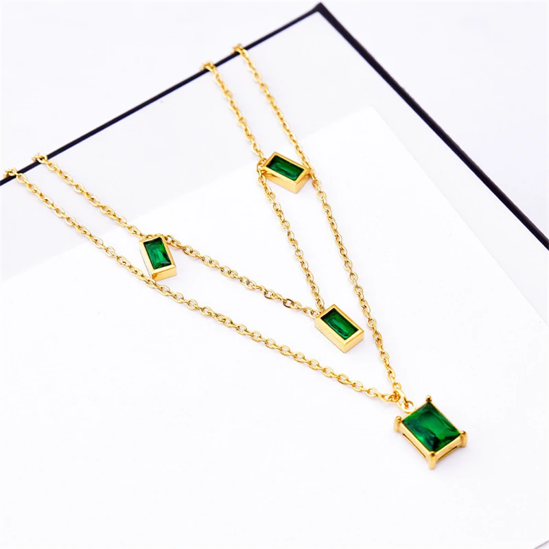 316L Stainless Steel New Fashion Fine Jewelry Elegant 2-layer Embed Green Zircon Charms Chain Choker Necklaces Pendant For Women