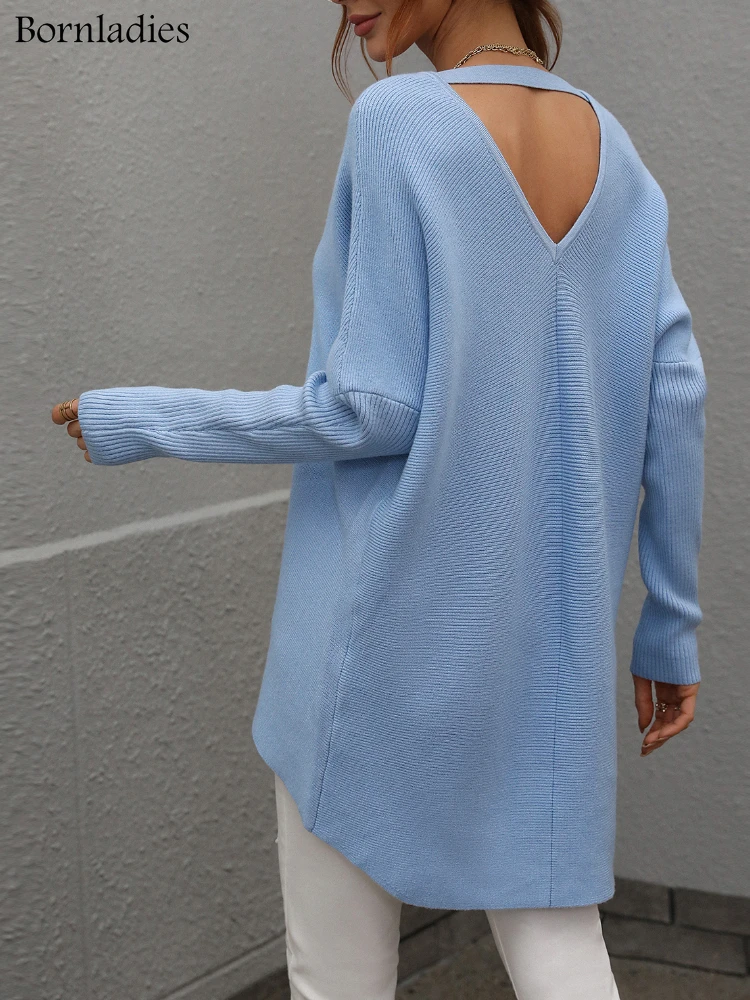 Bornladies Women's Sweater Autumn Winter New V-Neck Solid Color Pullover Loose-fitting Knit Tops Elegant Fashion Sweaters