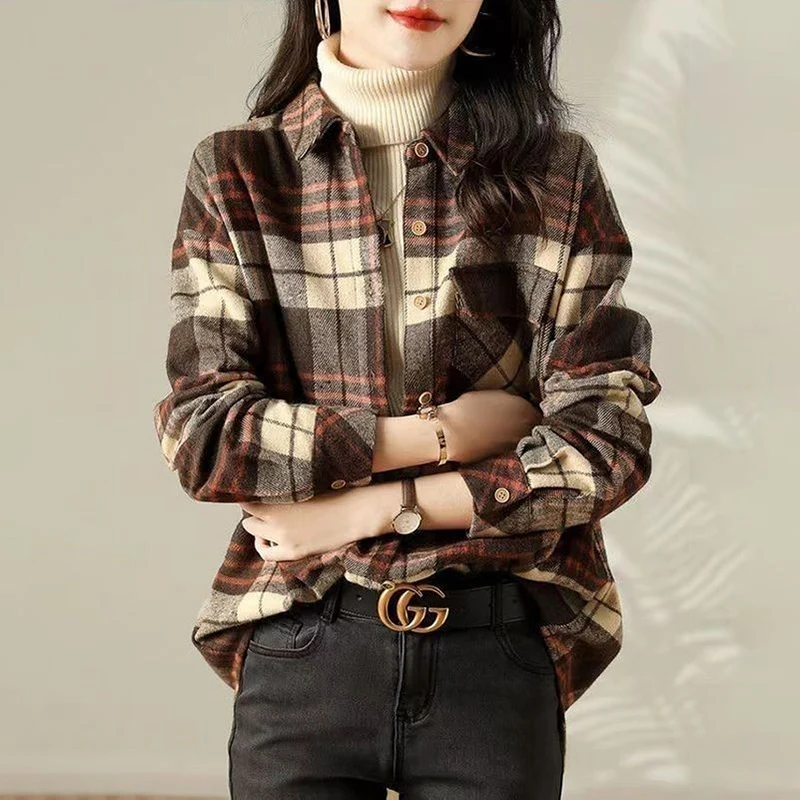 Fashion Lapel Printed Folds Asymmetrical Plaid Shirts Women's Clothing 2023 Autumn Winter Loose All-match Tops Commuter Blouses