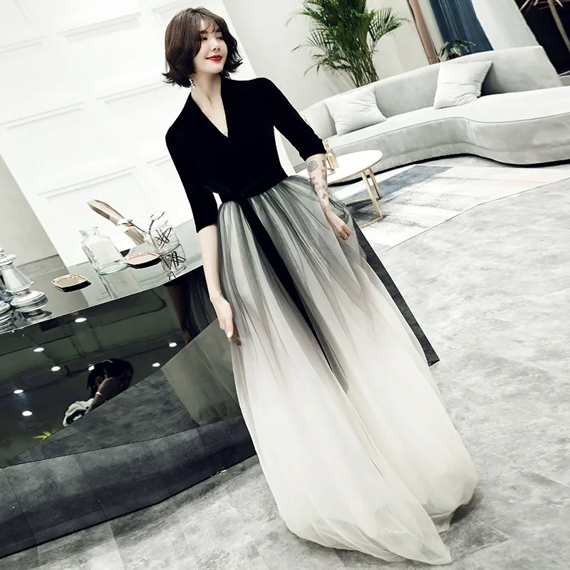 

Evening Gowns Black Velvet Tulle Half-sleeves V-neck A-line Floor length Plus size Women Party Formal Dress Robe De Soiree K161