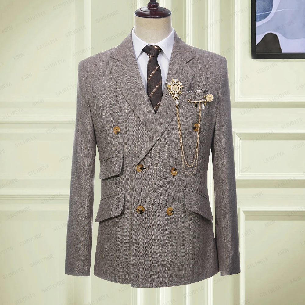 

Jacket Blazer For Men Suit Brown Double Breasted Button Fly Notched Lapel Casual Business Coat Slim Fit 2023 One Piece