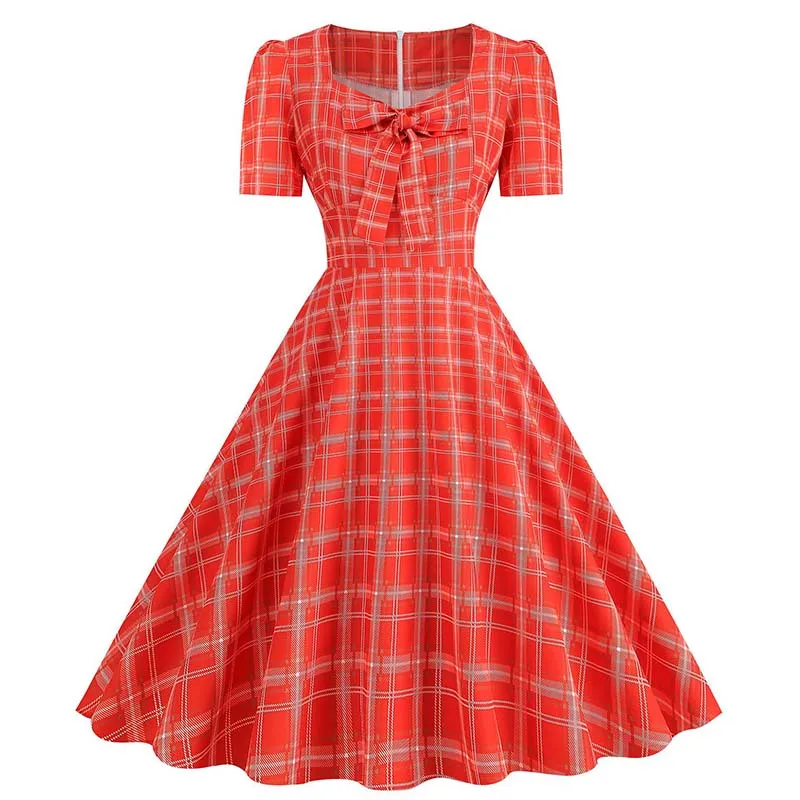 Women Elegant Vintage Plaid Polka Dot Dresses Square Collar Short Sleeve Casual Summer Party Dress 4