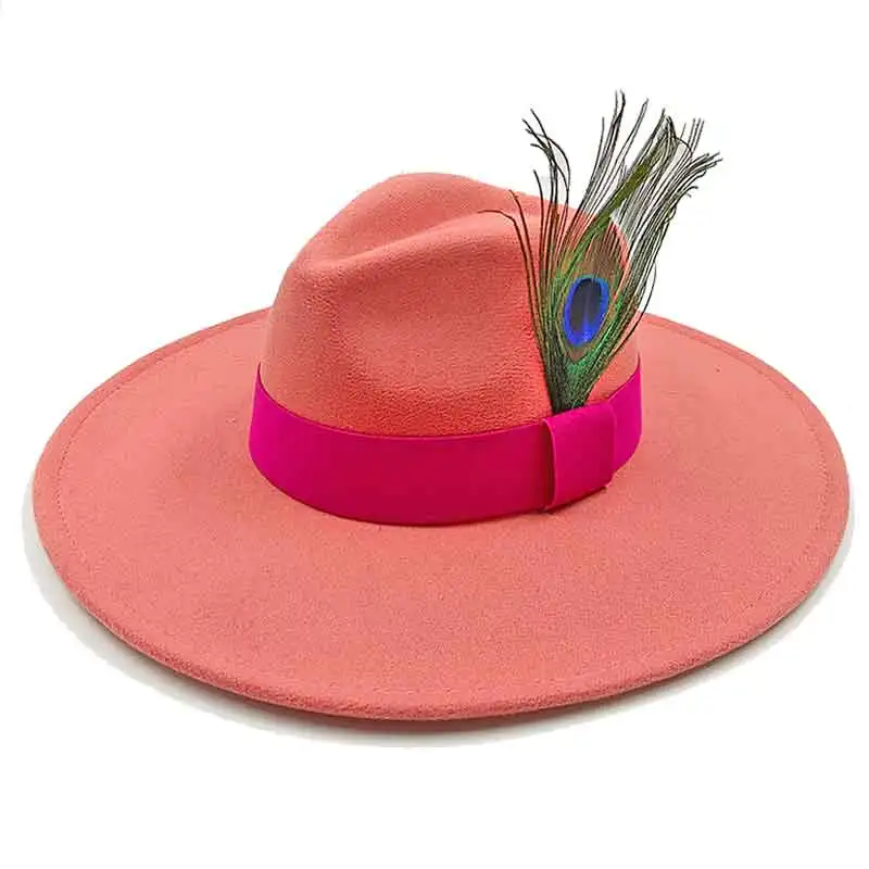 

9.5CM Brim Fodora hat Jazz Hats Peacock Feather Band Hat For Women And Men Cap Wool Bowler Hat Cowboy Hat Panama Church Hat
