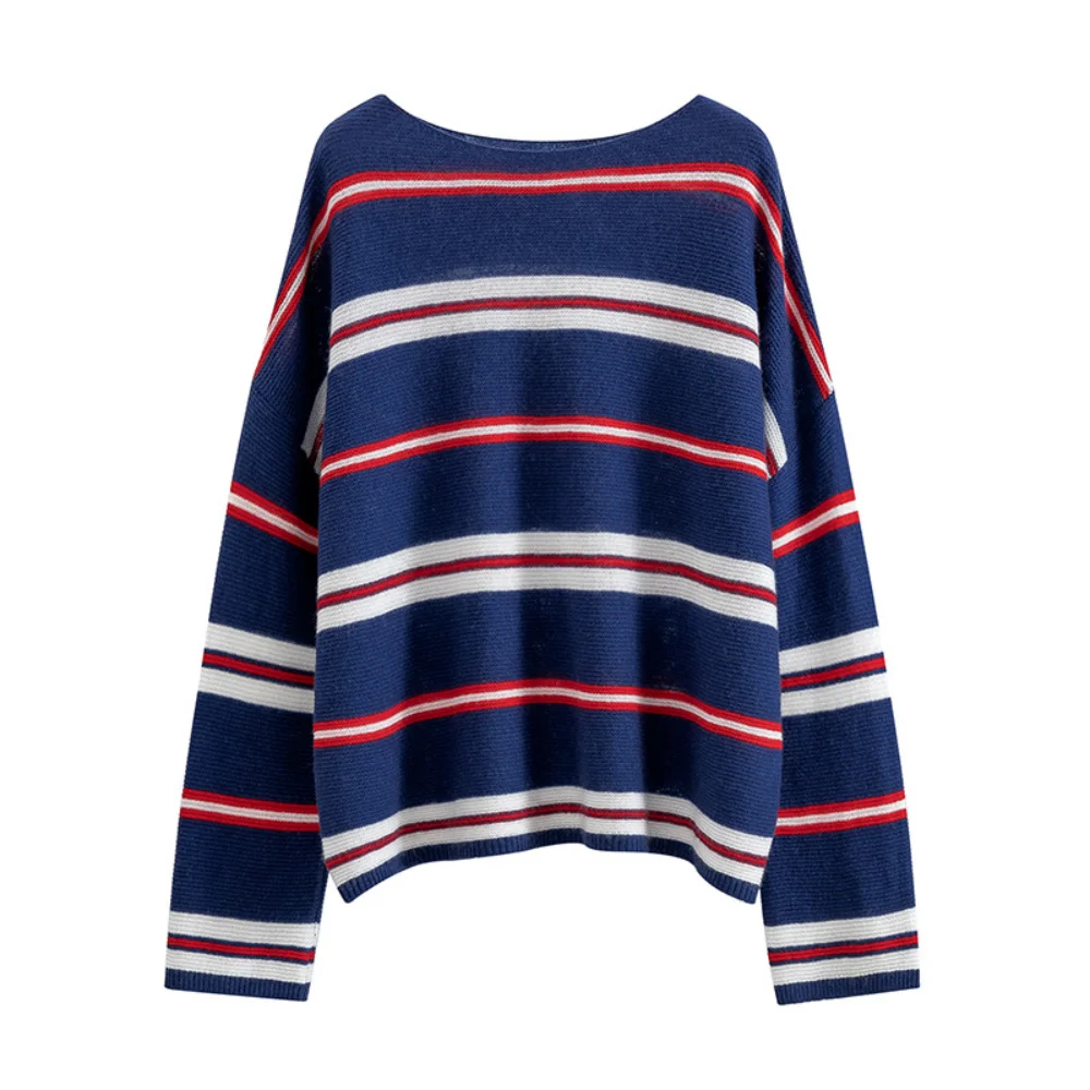 

Early Autumn New Women's Contrast Color Striped One Word Collar Loose Cashmere Sweater Thin Section Knitted Sweater Top