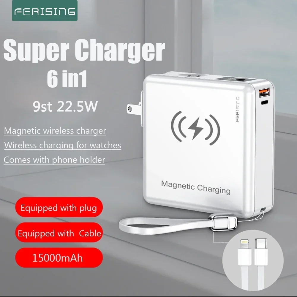 FERISING-Magnetic Power Bank, Wireless Charger, Portable Battery for Oneplus 10, 11 Pro, Ace 2 Pro, 22.5W VOOC 15000mAh, 6in 1 6
