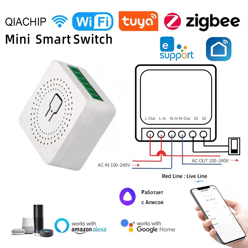 Tuya – Mini interrupteur connecté Zigbee, wi-fi, 16a, 2 voies, pour maison connectée avec Tuya, Alexa, Alice, Google Home