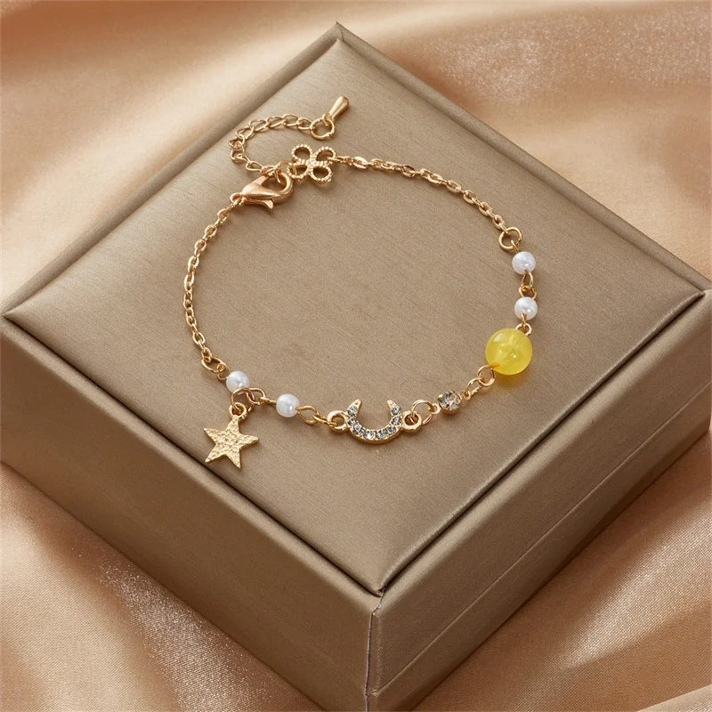 Korean Simple Star Moon Zircon Pearl Bracelet For Women Ladies Cute Elegant Exquisite Shiny Link Chain Bracelet Charm Jewelry bracelet jewelry