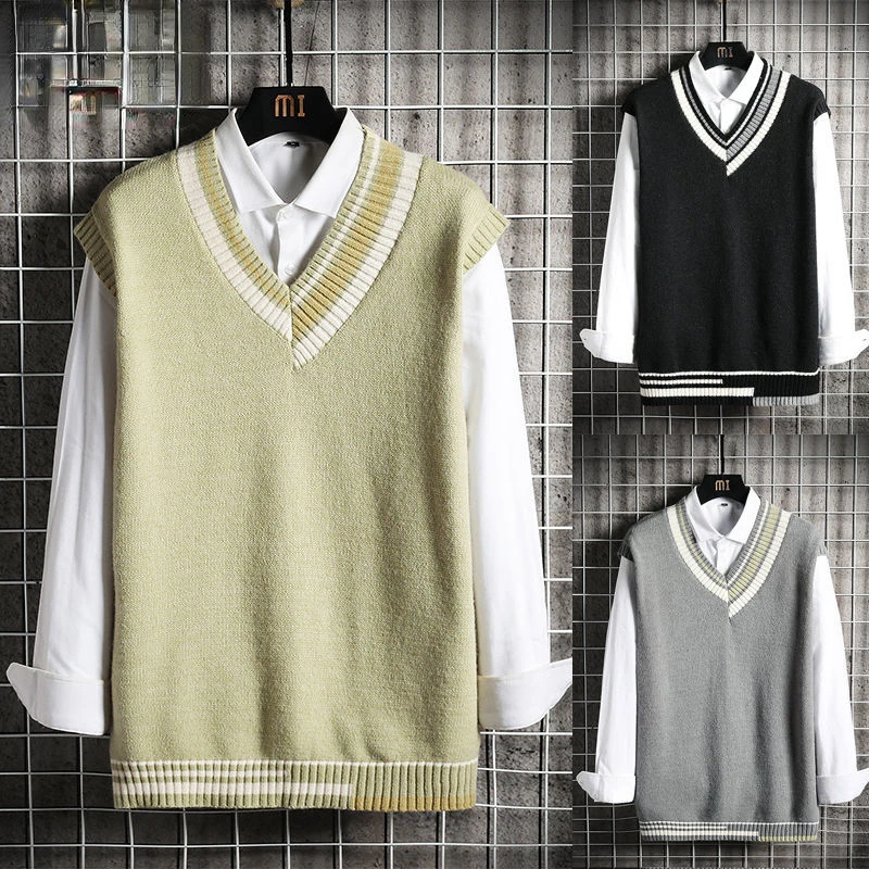 

Male Contrast Color Trendy Sweater Vest V Neck Thermal Knitwear Pullover Anti-shrink Men Autumn and Spring Sweater Men G54