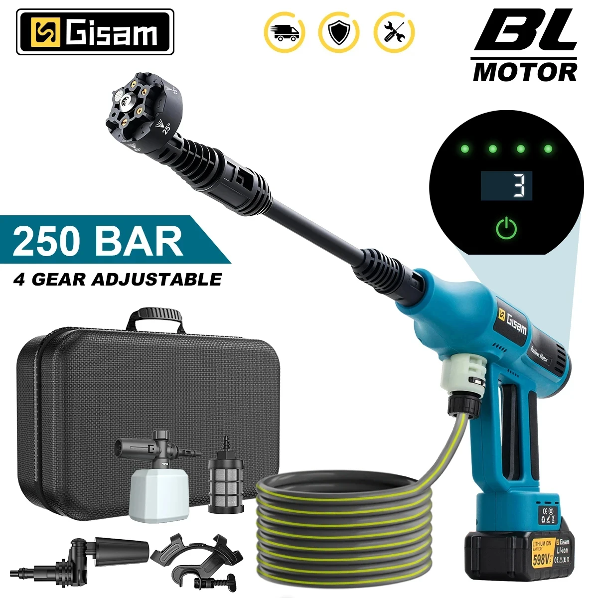 GAMI Lavadora de Alta Pressão Elétrica 250Bar, motor brushless, 4 velocidades, pistola de pulverização para lavagem de carros, pistola de água para limpeza de jardim, compatível com pinos de bateria Makita 18V