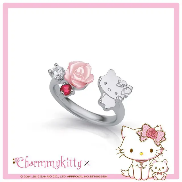 TAKARA TOMY 925 Sterling Silver Hello Kitty Diamond Rose Open Adjustable Ring Girls Sweet Hand Jewelry 3