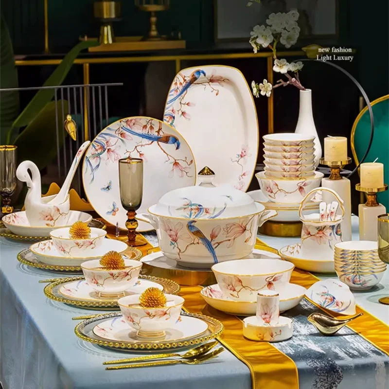 

60 pc Complete Tableware Set High-end Dinner Set Europe Luxury Bone China Bowl Spoon Set Food Plate Chopsticks Dinner Dishes Set