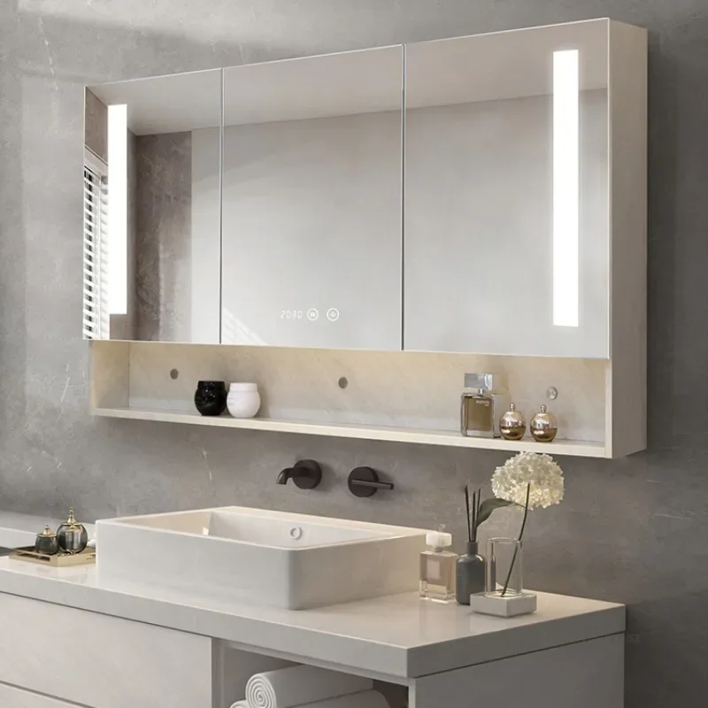 Simple Solid Wood Smart Bathroom Cabinet with Mirror Modern Wall-mounted Bathroom Mirror Storage Cabinet Home Furniture
