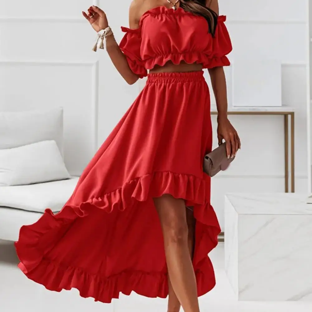 Sloping shoulder waist top and skirt set with scarf