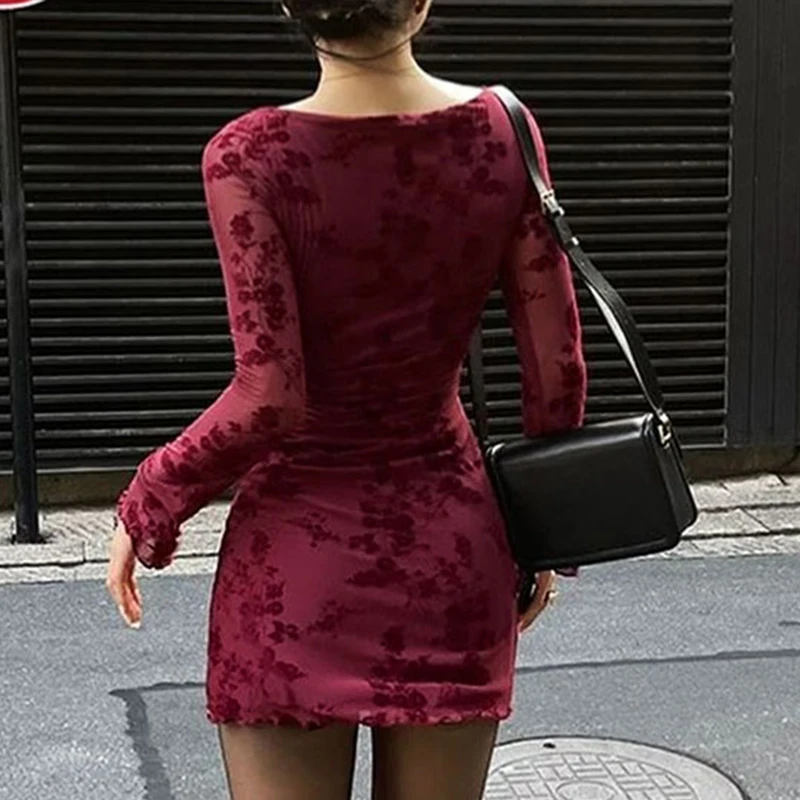 Wine Red Sexy Dresses Women Autumn New O-Neck Streetwear Fashion Print Long Sleeves Dresses Lady Knitted Pullover Clothing Dress 6