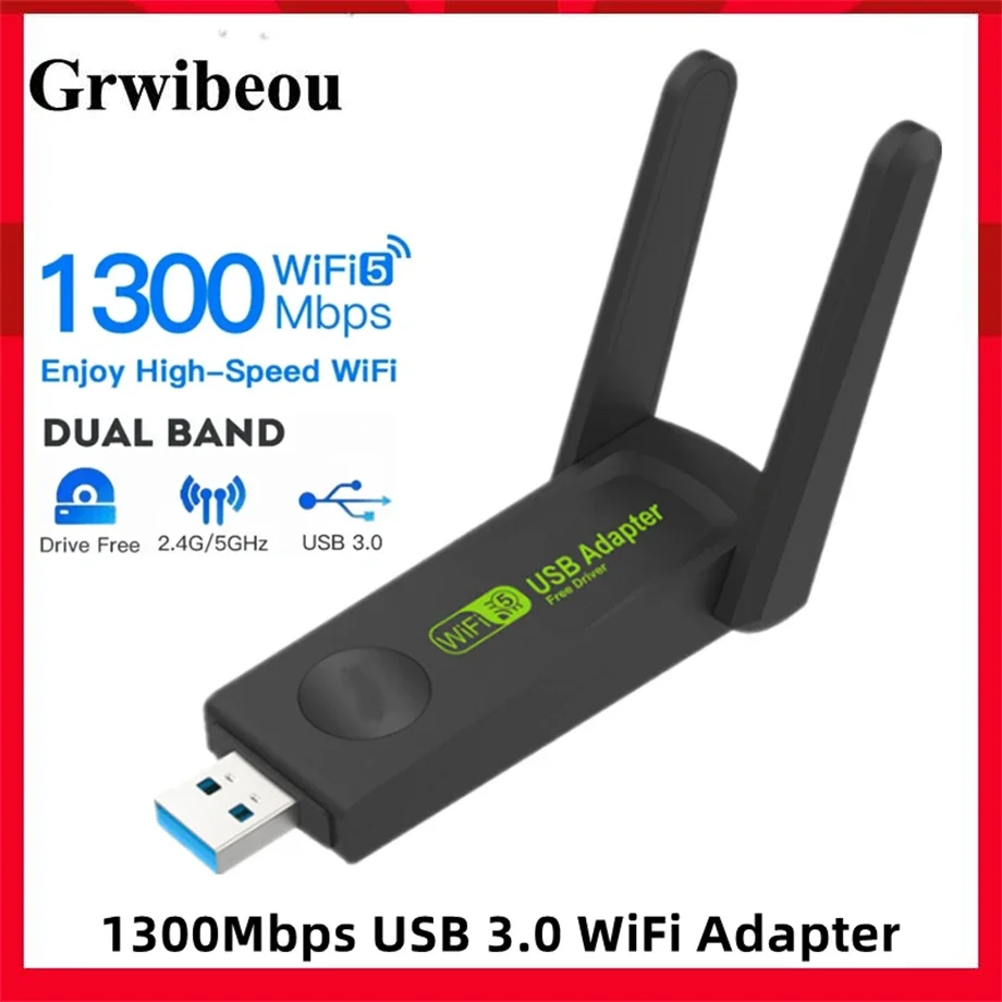 1300Mbps WiFi USB Adapter Dual Band 2.4G/5Ghz Wi-Fi Dongle 802.11AC Powerful Antenna Wireless Receiver For PC Laptop Driver Free