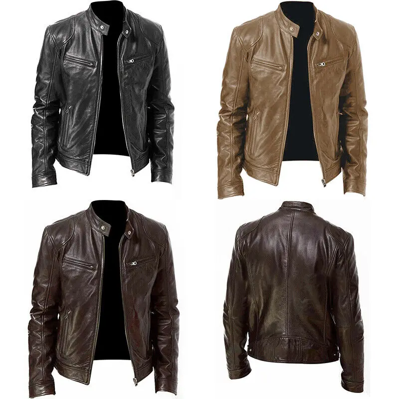 Texwood men's casual and sports wear store, summer beach clothes, men's leather fashion, jewelry, sunglasses Mens Retro Leather Jacket Motorcycle Stand Collar Biker Coat Zip Up Slim Fit Outwear Top Jacket Coat