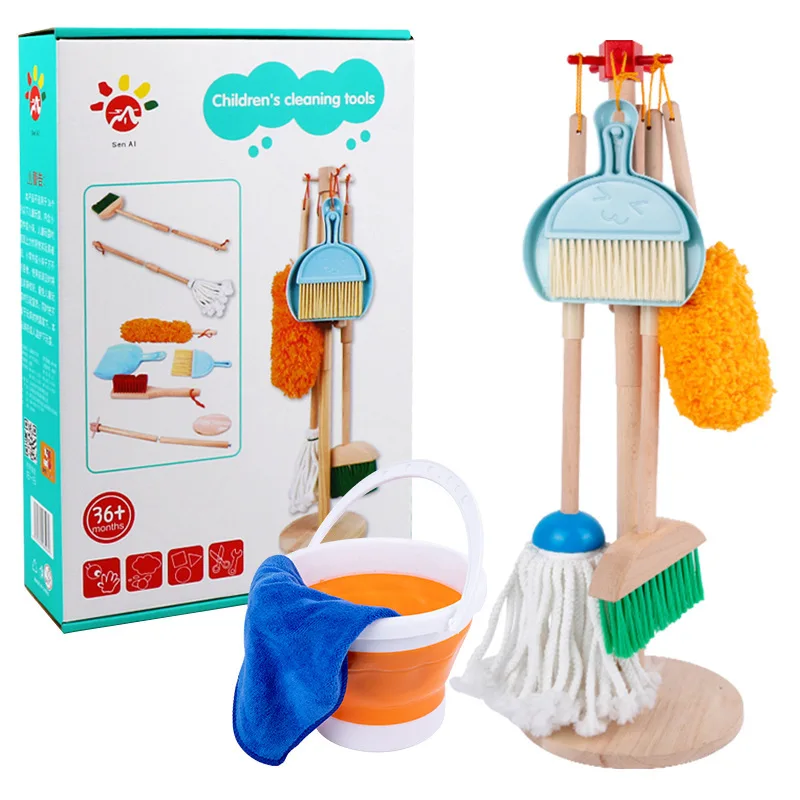 Children's Family Simulation Cleaning suit Early Education Wooden Bom Sweeping and Mopping Cleaning Tools Toys