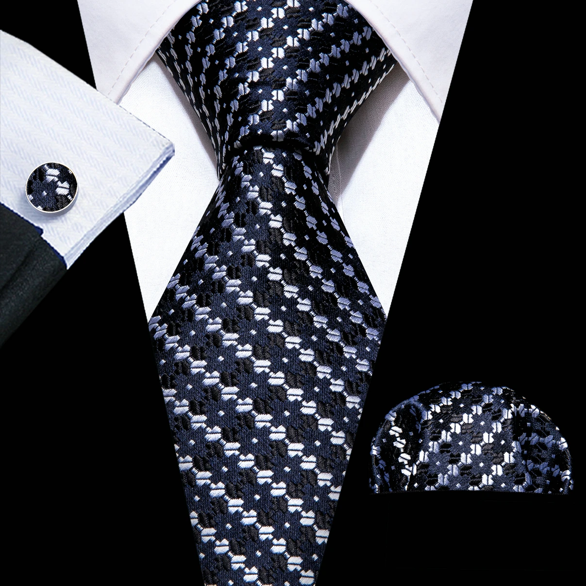

Classic Black White Plaid Tie Sets For Men Luxury Neck-Tie Formal Pocket Square Cufflinks Set Party Business Barry.Wang FA-6356