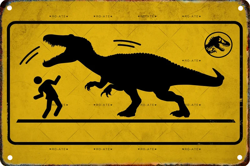 thumbnail image 1 of Letrero de advertencia de metal con forma de dinosaurio peligroso, señal de prohibido el paso, placa de hojalata para pintar, decoración de pared para cine, club, hogar, panel mural, regalo, 1 of 5