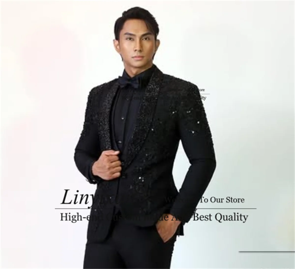 Sparkly Bead Crystal Men Suit Glitter Sequin Prom Blazers Costume 3 Pieces Sets Wedding Groom Tuxedos